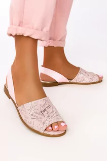 Sandały damskie - Różowe sandały płaskie z napisami polska skóra Casu 4072 - grafika 1