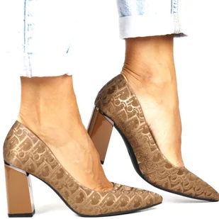 DAMSKIE CZÓŁENKA NA OBCASIE SŁUPKU VINCEZA 62254 BEŻOWE - Czółenka - miniaturka - grafika 1