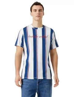 Koszulki męskie - Koton Męski T-shirt z nadrukiem Slogan Crew Neck Short Sleeve Cotton, Marine Stripe (01 m), XXL - grafika 1