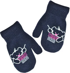 Rękawiczki zimowe dziewczęce na sznurku misie Noviti RZ034 Granatowe - Rękawiczki dla dzieci - miniaturka - grafika 1