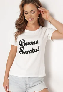 Biały Bawełniany T-shirt z Ozdobnym Napisem z Cyrkonii Tiavalia - Koszulki i topy damskie - miniaturka - grafika 1