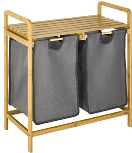 HOMCOM Kosz na pranie Pojemnik na pranie z 2 wyjmowanymi workami na pranie Kosz na pranie z platformą Sortownik na pranie do łazienki Bambus Szary+Naturalny 63,5 x 33 x 73 cm - Kosze na bieliznę - miniaturka - grafika 1