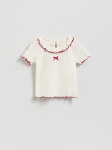 Reserved - Prążkowana bluzka z falbanką - złamana biel - Bluzki dla dziewczynek - miniaturka - grafika 1