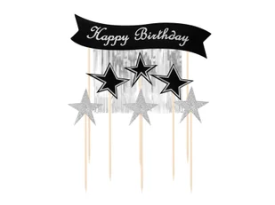 Topper na tort Happy Birthday z pikerami srebrny - 7 szt. - Ciasta i półprodukty do ciast - miniaturka - grafika 1