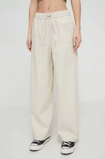 Spodnie damskie - Roxy spodnie lniane kolor beżowy proste high waist - grafika 1