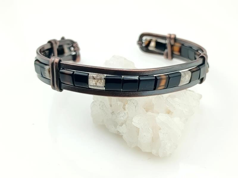 Męska bransoleta miedziana z czarnym agatem, obwód 18.5 cm, regulowany, waga 16 gram, rękodzieło