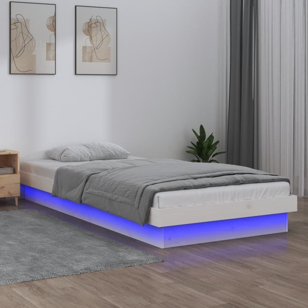 Łóżko z litego drewna z diodami LED białe 90x190 cm