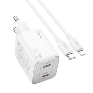 HOCO ładowarka sieciowa 2 x Typ C + kabel Typ C do Lightning PD QC 45W GaN N42 biała - Akcesoria do smartwatchy - miniaturka - grafika 1