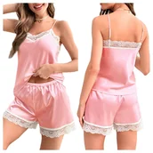 Piżamy damskie - Piżama satynowa dwuczęściowa z koronką - S - miniaturka - grafika 1