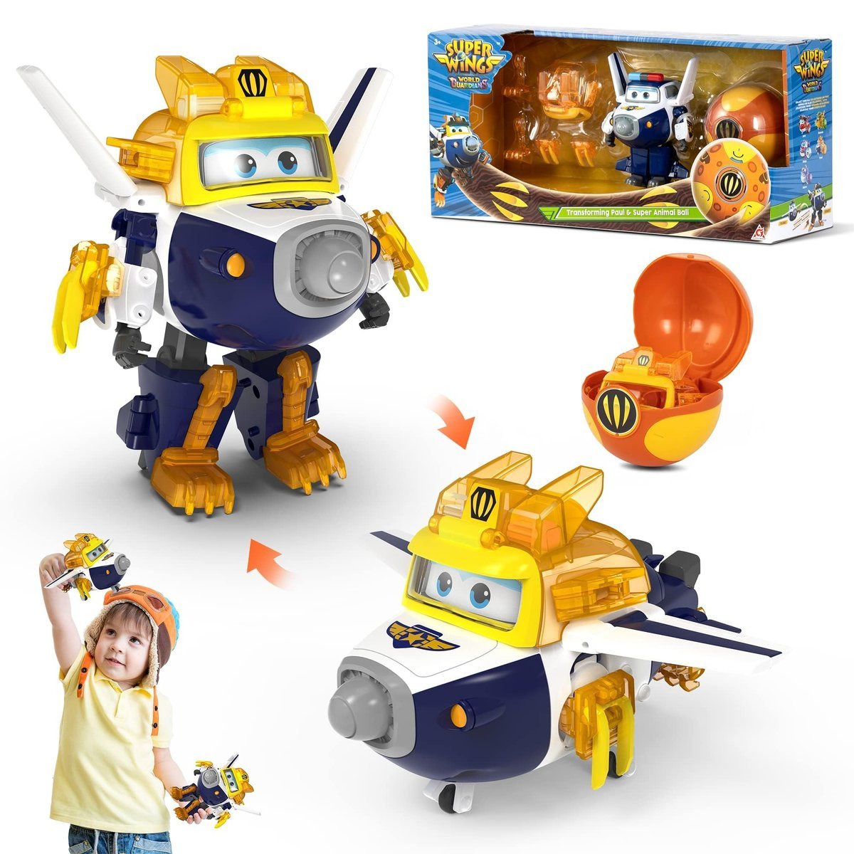 Super Wings EU760965 – Transforming Paul & Animal Power Ball, ok. 12,7 cm duża figurka do zabawy z 1 super piłką i akcesoriami, dla dzieci od 3 lat