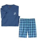 Piżamy męskie - Piżama z szortami w kratkę z bawełnianego dżerseju Mężczyzna Atlas For Men - Kolor : Niebieski - Rozmiar : M - miniaturka - grafika 1