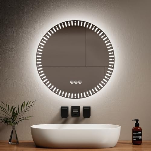 EMKE Okrągłe podświetlane lustro łazienkowe LED, średnica 60 cm, z przeciwmgielnym+przełącznik dotykowy+3 zmienne kolory światła, modne dekoracyjne okrągłe lustro, lustro łazienkowe