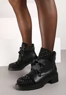Botki damskie - Czarne Sznurowane Botki na Niskim Słupku Zdobione Cyrkoniami Evistina - miniaturka - grafika 1