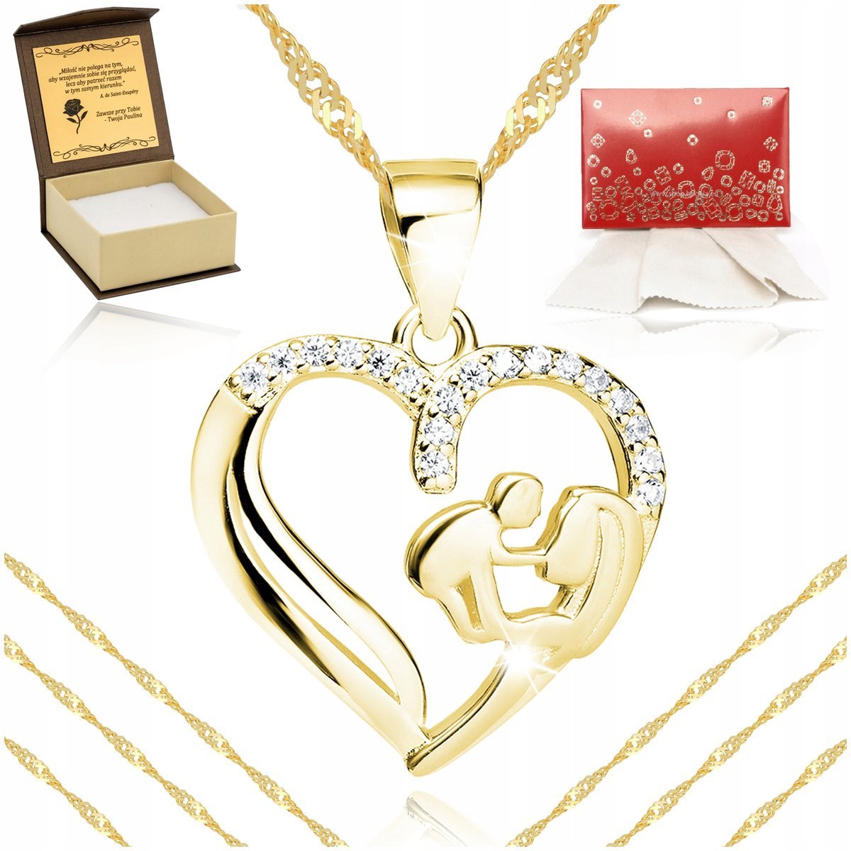 Złoty Naszyjnik Sercem Z Cyrkoniami Matka Z Dzieckiem 925 Dla Mamy + Grawer