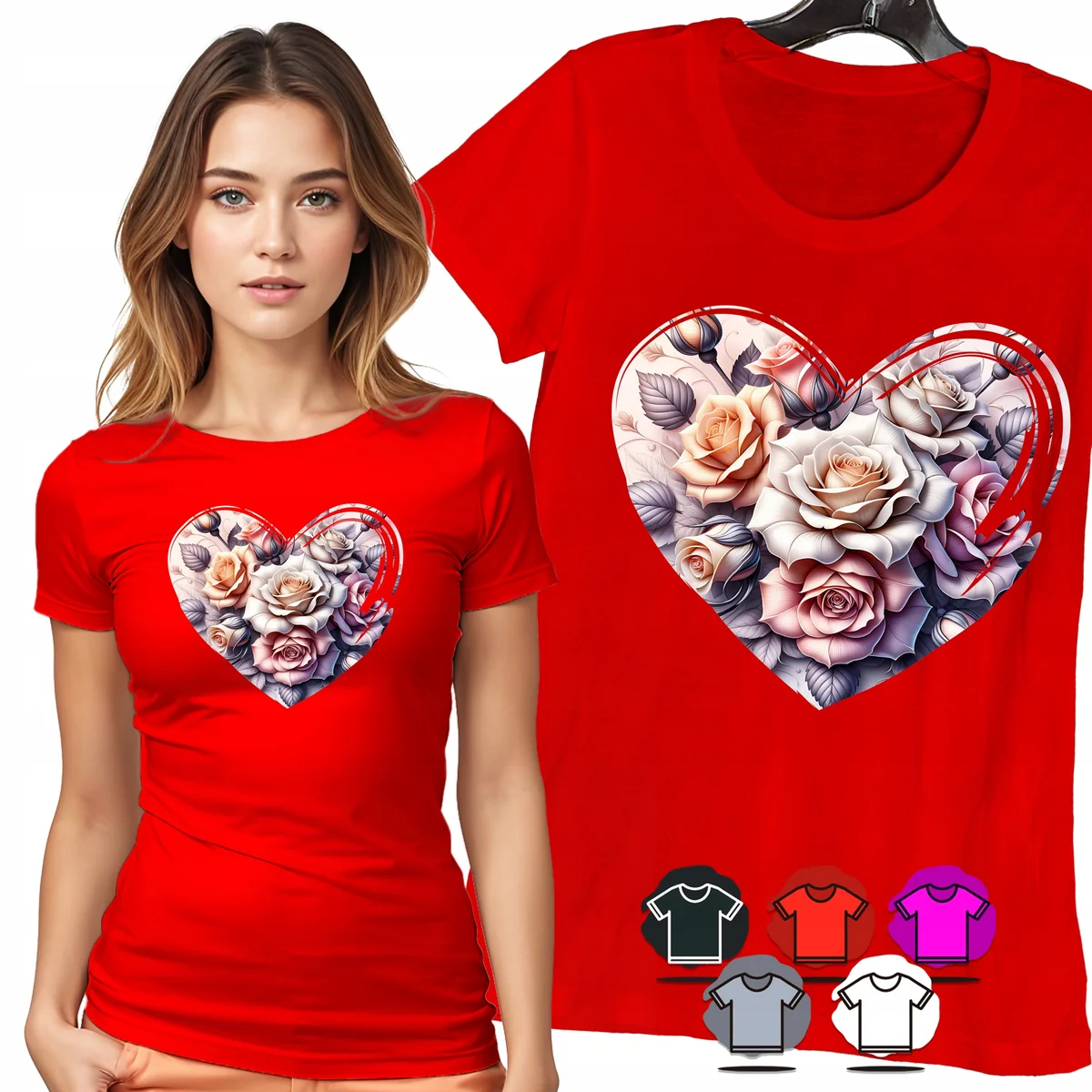 KOSZULKA DAMSKA T-SHIRT - SERCE Z RÓŻAMI PASTELOWE KWIATY WZÓR MODA - M