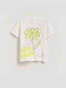 Koszulki dla dziewczynek - Reserved - Bawełniany t-shirt z nadrukiem - złamana biel - miniaturka - grafika 1