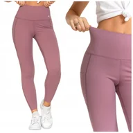 Legginsy - Gładkie Legginsy Damskie Sportowe Kieszenie Wysoki Stan Kryjące MORAJ L - miniaturka - grafika 1