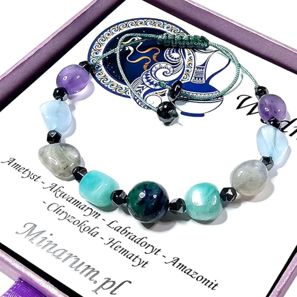 Bransoletka znak zodiaku Wodnik Amazonit Labradoryt Akwamaryn bransoletka z kamieni naturalnych