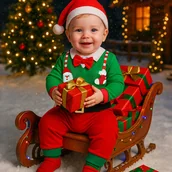 Dresy i komplety dla chłopców - TEMU Chłopięcy świąteczny koszulka z długim rękawem z nadrukiem Świętego Mikołaja z kokardą i spodniami 2-częściowy zestaw - świąteczny czerwony i - miniaturka - grafika 1