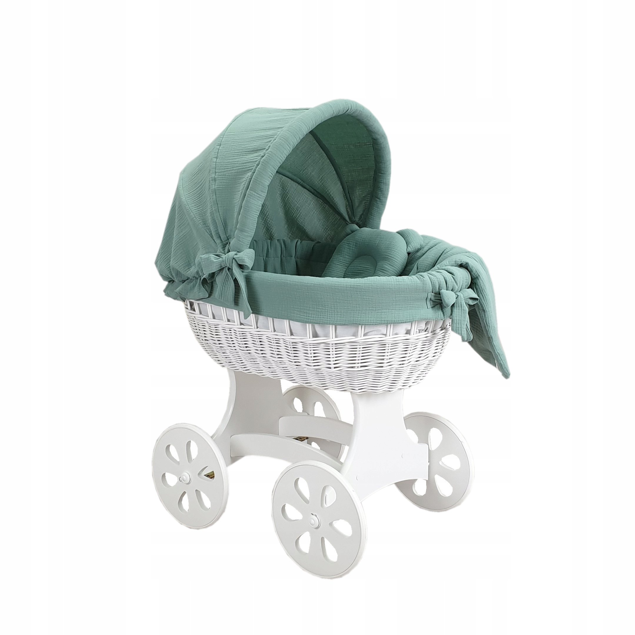 Wiklinowy kosz Mojżesza Annabell biały z pościelą muślinową khaki.