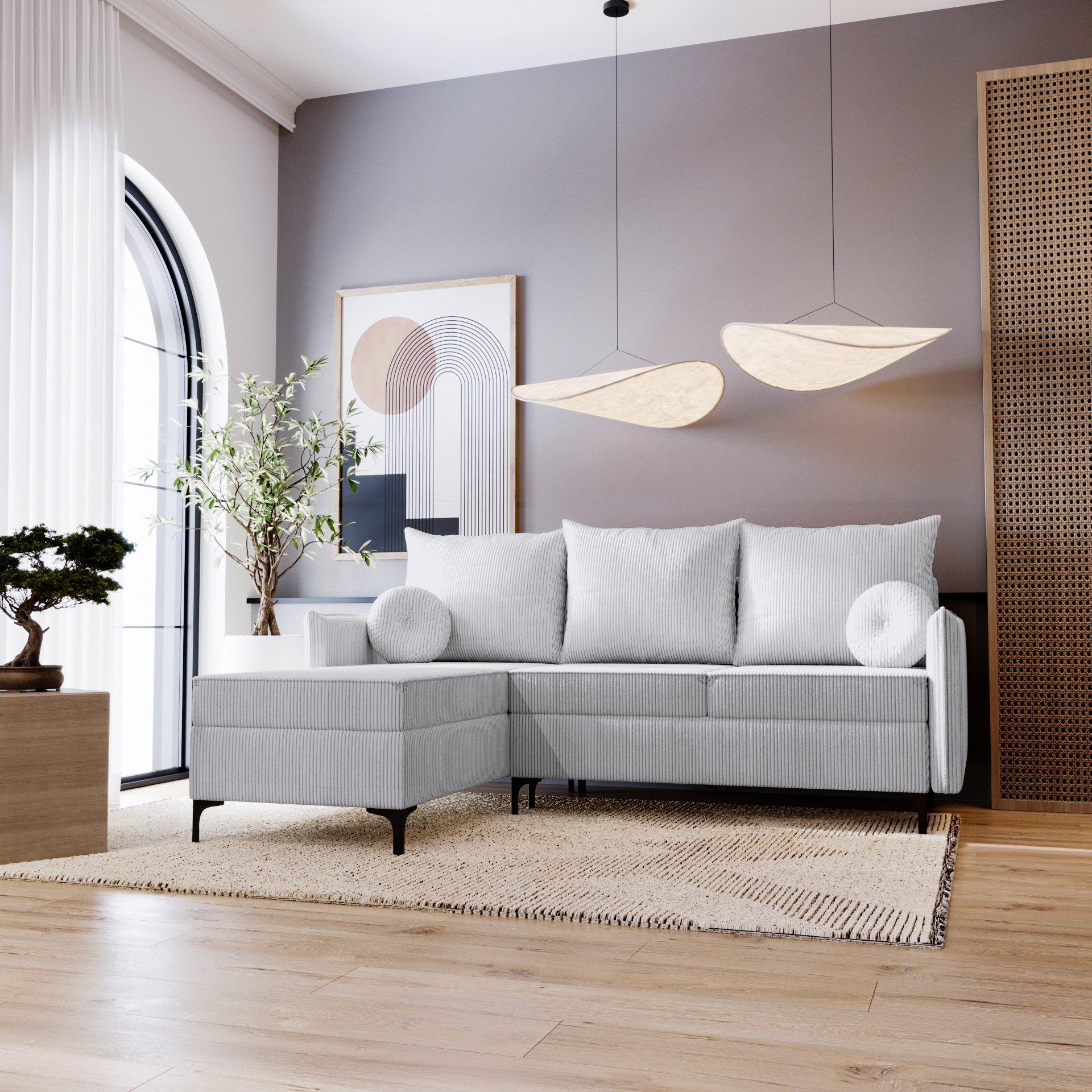 Narożnik w kształcie litery L Lion - Sofa do salonu z funkcją spania i podstawą łóżka - Lewy - Szary & Poso 110