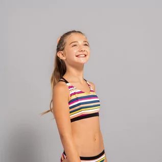 Stroje kąpielowe dla dziewczynek - Góra kostiumu kąpielowego surfingowego dla dzieci Olaian Bondi 500 w paski - grafika 1