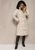 Kurtki damskie - Beżowa Długa Kurtka Zimowa z Pikowanymi Przeszyciami i Odpinanym Kapturem z Futerkiem Tinnelia - miniaturka - grafika 1