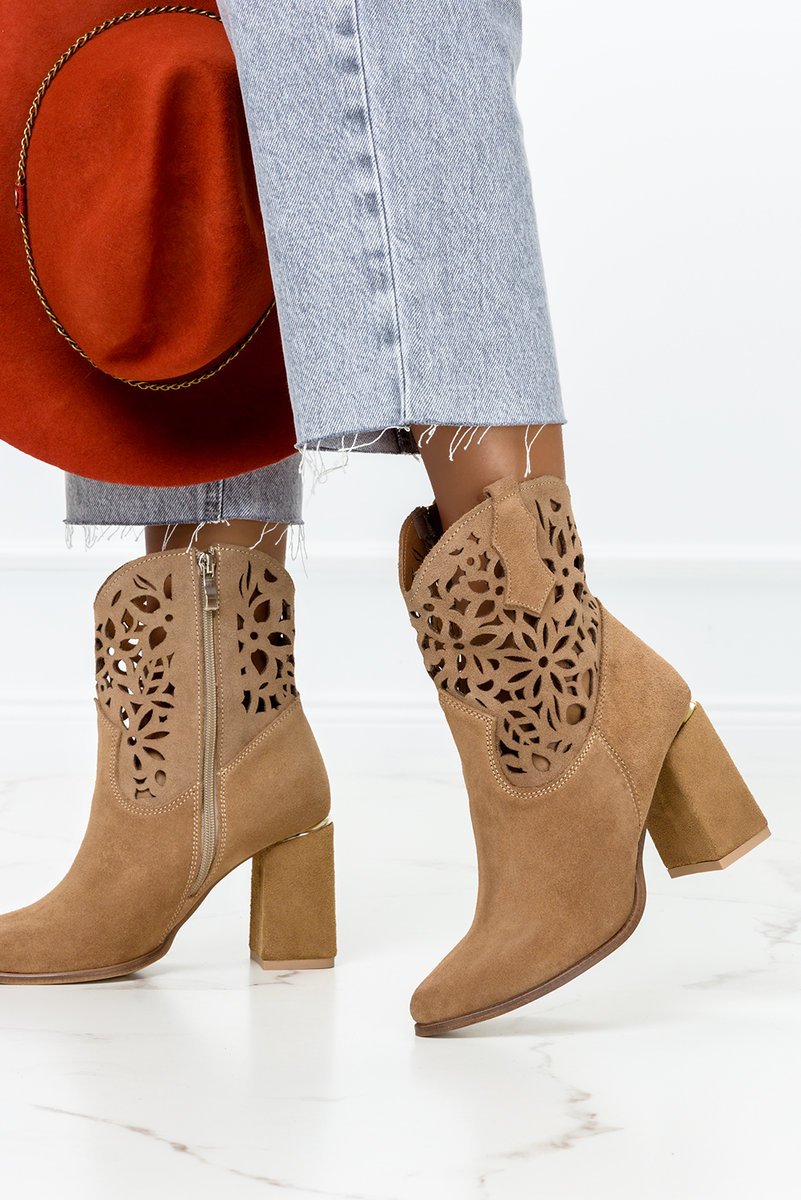 Brązowe botki skórzane ażurowe na ozdobnym słupku PRODUKT POLSKI Casu 3264-35