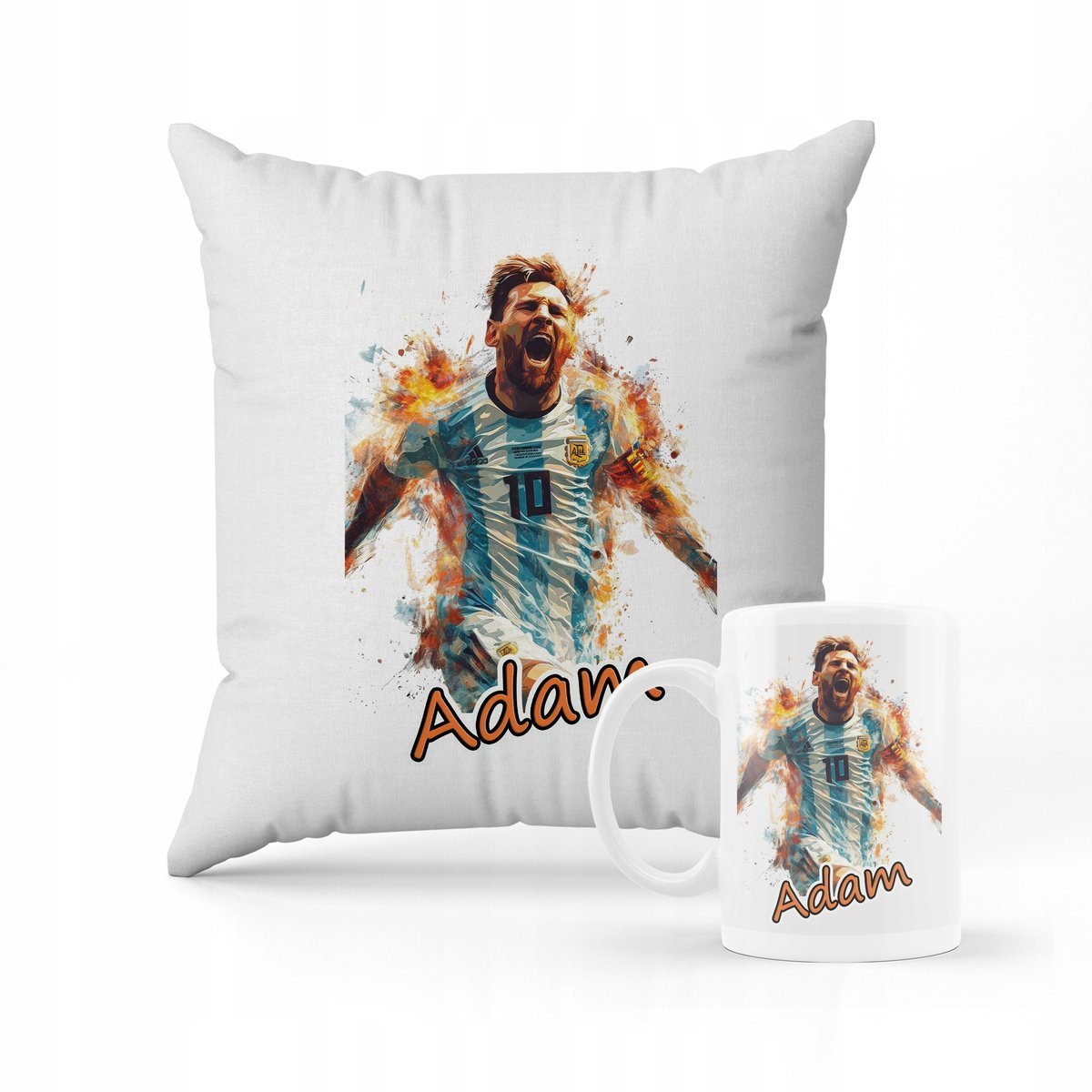 ZESTAW PODUSZKA + KUBEK Prezent Messi w płomieniach + IMIĘ