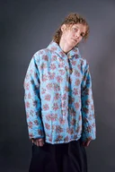 Kurtki damskie - Kurtka ocieplana lniana z kapturem turkusowa w kwiaty - miniaturka - grafika 1