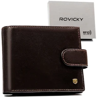 Skórzany portfel męski duży poziomy na zatrzask ROVICKY elegancki brązowy rozbudowany na karty pudełko prezentowe klasyczny prezent ochrona RFID - Portfele - miniaturka - grafika 1
