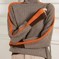 Swetry damskie - TEMU Sweter Damski Elegancki - Czarny, Brązowy, Beżowy z Akcentem Pomarańczowym na Jesień/Zimę, Do Biura i Na Co Dzień, Nieprześwitujący Sweter - miniaturka - grafika 1