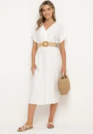 Sukienki - Biała Wiskozowa Sukienka z Paskiem Ozdobionym Plecionką i Klamrą Mlevena - miniaturka - grafika 1