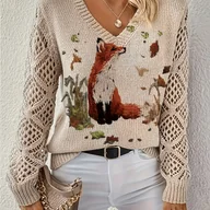 Swetry damskie - TEMU Sweter z Dekoltem w Serek dla Kobiet z Nadrukiem - Długi Rękaw, Beżowy, Elegancki Styl na Wiosnę, , Jesień, Idealny na Wakacje lub Dojazdy, - miniaturka - grafika 1