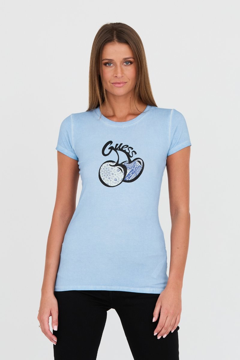 GUESS Niebieski damski t-shirt bawełniany z printem i cyrkoniami XS