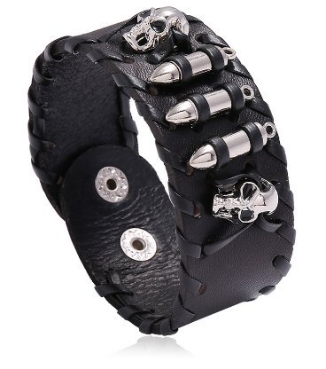 Skórzana bransoletka z czaszką Militaria Naboje Czarny
