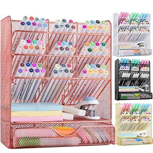 Spacrea Organizer na długopisy – organizer na biurko i akcesoria, pojemnik na ołówki z 10 przegródkami i 1 szufladą (różowe złoto)