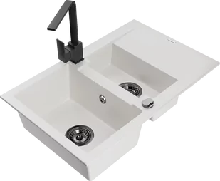 Mexen Gaspar zlewozmywak granitowy 1,5-komorowy z ociekaczem i baterią kuchenną Rita, biały - 6507-20-670300-70 - Zlewozmywaki z baterią - miniaturka - grafika 1