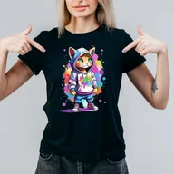 Koszulki i topy damskie - T-Shirt Koszulka czarna z nadrukiem kot kotek graffiti art kolorowy rozmiar 2XL - miniaturka - grafika 1