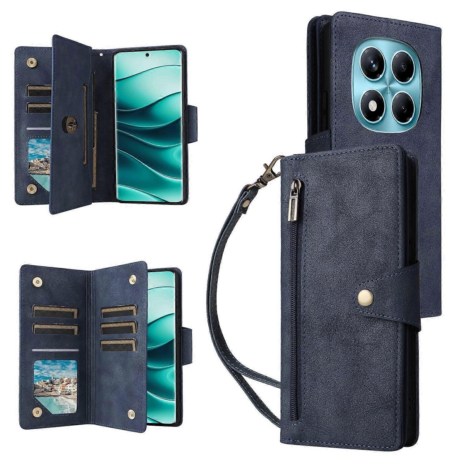 Dla Xiaomi Redmi Note 14 Pro 4G Etui Zipper Portfel Skórzany stojak Pokrowiec na telefon Nit Decor - Niebieski Wielobarwny Blue