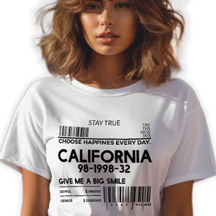 BIAŁA KOSZULKA DAMSKA Krótki Rękaw CALIFORNIA Zabawne Wzory Rozmiar XS - Zestawy upominkowe - miniaturka - grafika 1