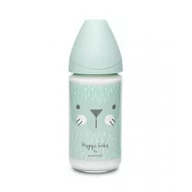 Butelki dla niemowląt - Suavinex Butelka szklana 240ml smoczek okrągły silikonowy 3 przepływowy Kotek Miętowy Hygge Baby - miniaturka - grafika 1