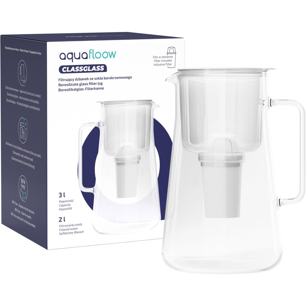 Dzbanek filtrujący szklany AquaFloow ClassGlass 3l biały + 1x filtr do wody
