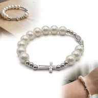 Bransoletki - BRANSOLETKA RÓŻANIEC NA RĘKĘ perłowa biała z krzyżykiem i medalikiem - miniaturka - grafika 1