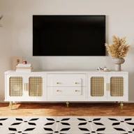 Szafki RTV - Merax szafka pod TV z szufladami i drzwiczkami, stolik pod TV ze szklanymi drzwiczkami, stolik pod TV w stylu vintage, stolik pod TV stojący, 175x38x55,5 cm, biały - miniaturka - grafika 1