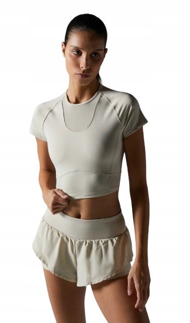 EVEN ODD BEŻOWY KRÓTKI TOP SPORTOWY Z KRÓTKIM RĘKAWEM M KTB