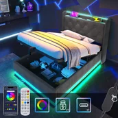 Pościel - Łóżko tapicerowane Flieks 90x200cm z funkcją ładowania (USB&Typ-c), łóżko młodzieżowe, łóżko pojedyncze, schowek z LED, łóżko na sprężynach hydraulicznych, pościel, szary - miniaturka - grafika 1