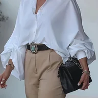 Koszule damskie - TEMU Koszula Oversize z Kołnierzykiem i Latarnianymi Rękawami na Guziki - miniaturka - grafika 1