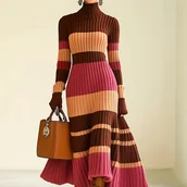 Sukienki - TEMU 1 szt. Damska Pluszowa Sukienka z Jeleniem, Trójkolorowa w Paski, Wysoki Kołnierz, Modna i Ciepła na Jesień/Zimę - miniaturka - grafika 1