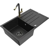 Zlewozmywaki z baterią - Mexen Bruno zlewozmywak granitowy 1-komorowy z ociekaczem i baterią kuchenną Flora, czarny/srebrny metalik - miniaturka - grafika 1